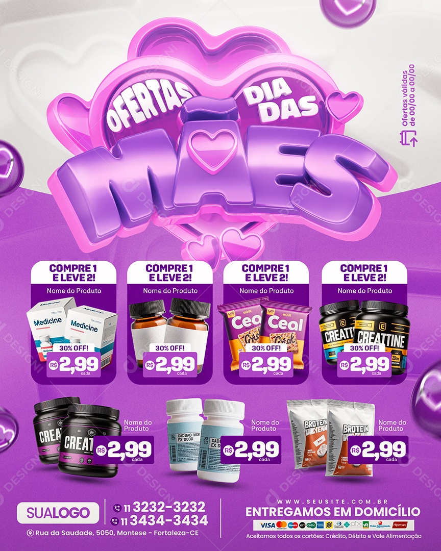 Tabloide Ofertas Dia das Mães Farmácia Podutos Social Media PSD Editável