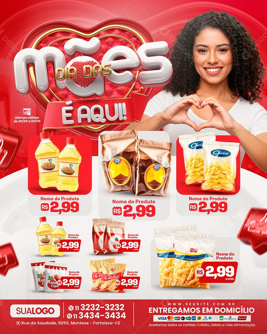 Tabloide Dia das Mães é Aqui Supermercado Produtos Social Media PSD Editável