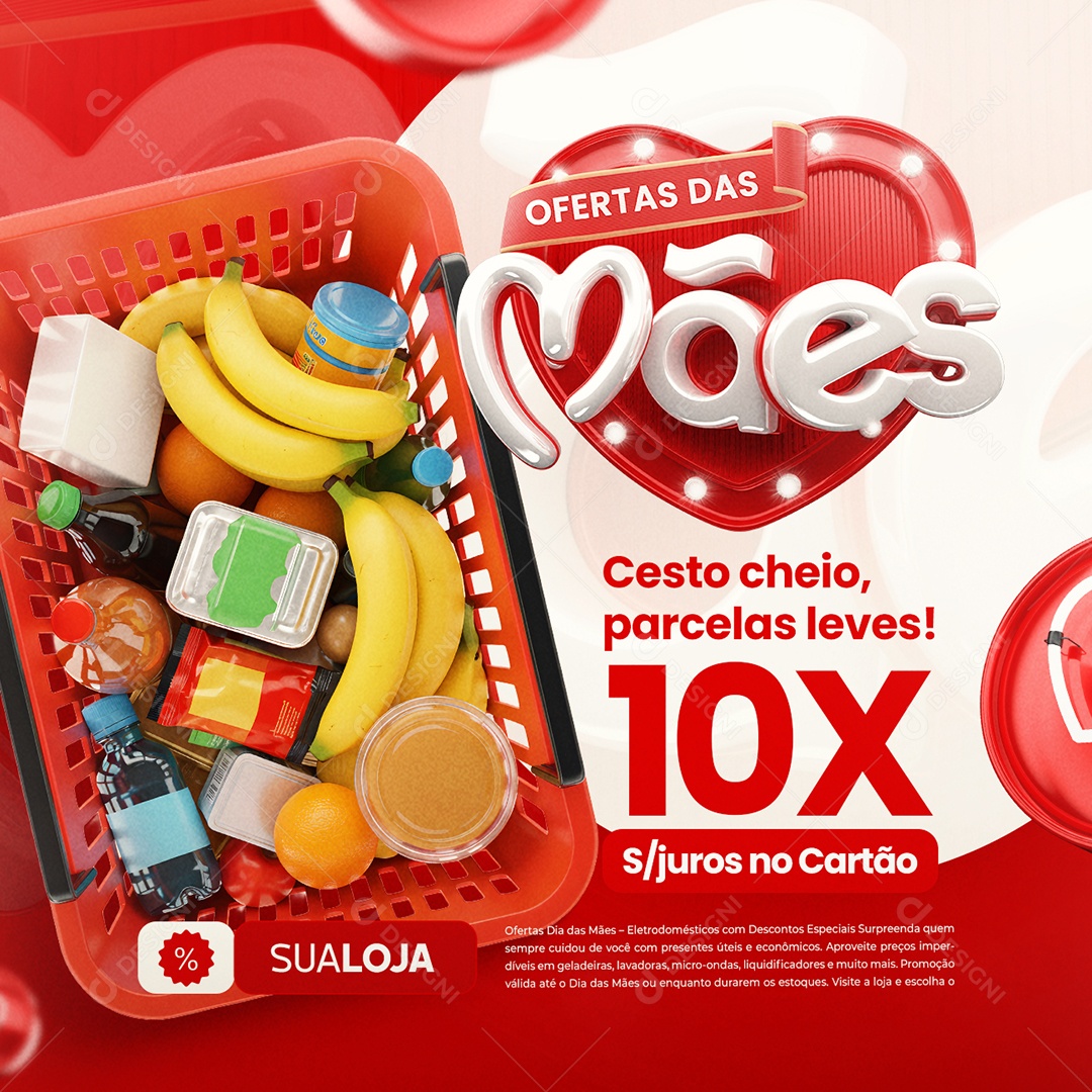 Ofertas das Mães Supermercado Cesto Cheio Parcelas Leves Social Media PSD Editável
