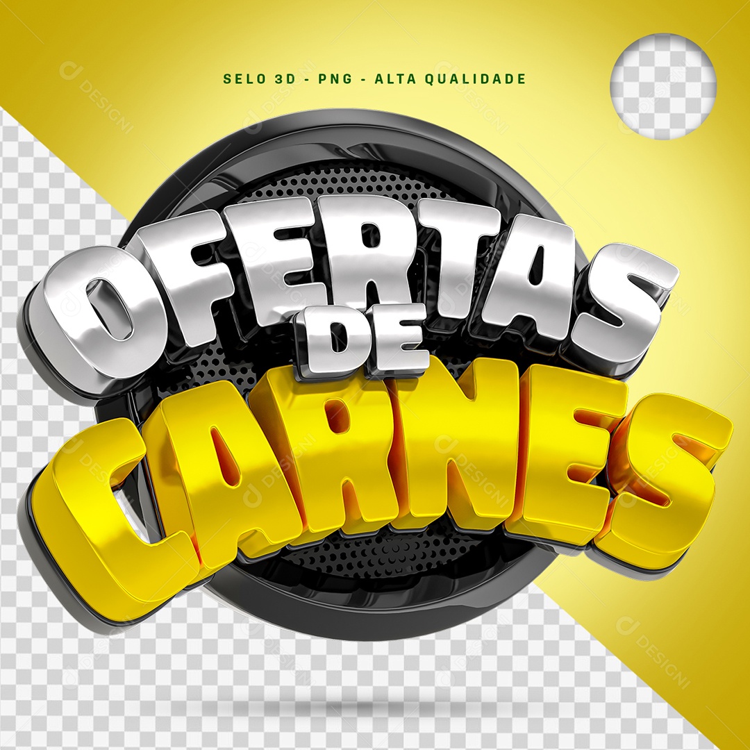 Ofertas de Carnes Selo 3D Cinza e Amarelo para Composição PSD