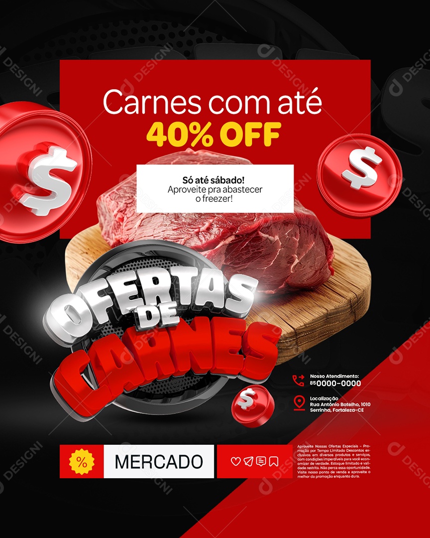 Ofertas de Carnes Açougue Carnes com Até 40% Off Social Media PSD Editável