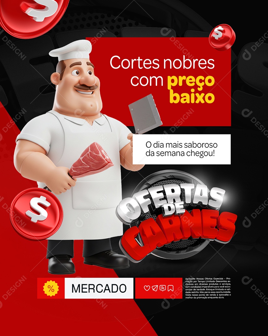 Ofertas de Carnes Açougue Cortes Nobres Social Media PSD Editável