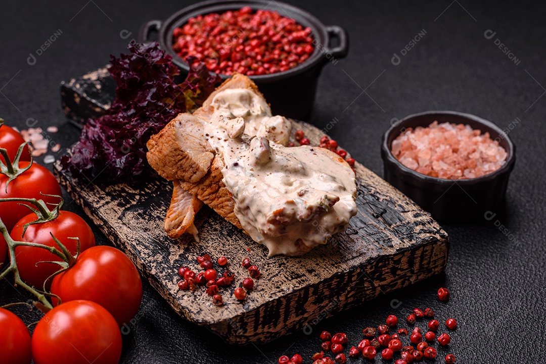 Frango saboroso em uma tábua de madeira mesa concreto