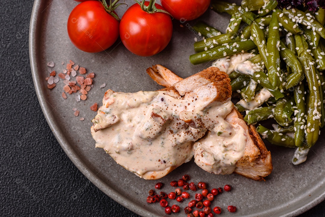 Bife grelhado de frango aspargo frescas em mesa concreto