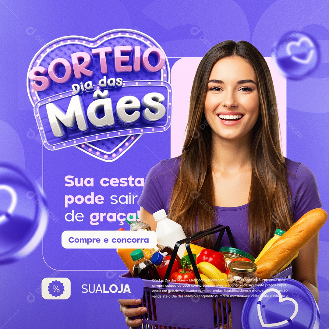 Sorteio Dia das Mães Supermercado Sua Cesta Pode Sair de Graça Social Media PSD Editável