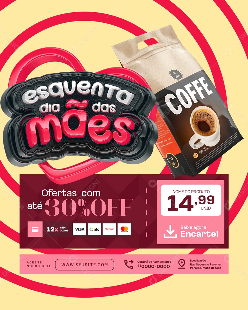 Social Media Esquenta Dia das Mães Supermercado Ofertas com 30% Off PSD Editável