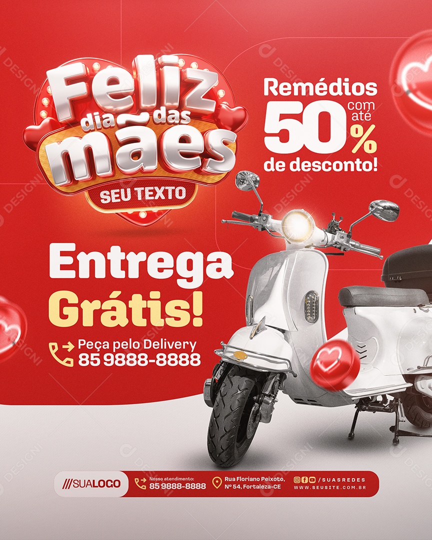 Feliz Dia das Mães Farmácia Entrega Grátis Social Media PSD Editável