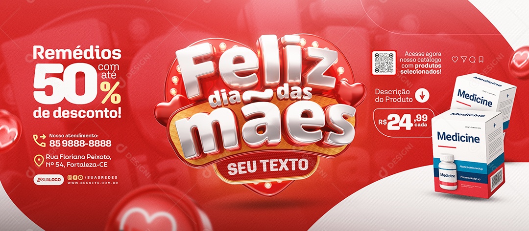Banner Feliz Dia das Mães Farmácia Remédios Social Media PSD Editável