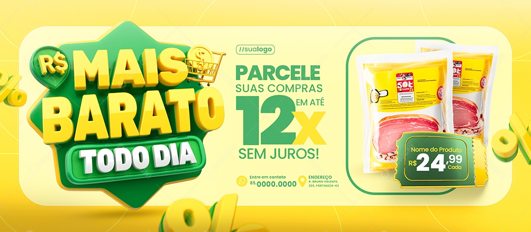 Banner Mais Barato Todo Dia Supermercado Carne Parcele Social Media PSD Editável