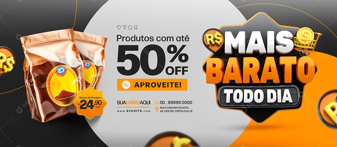 Banner Mais Barato Todo Dia Supermercado Produtos com Até 50% Off Social Media PSD Edi