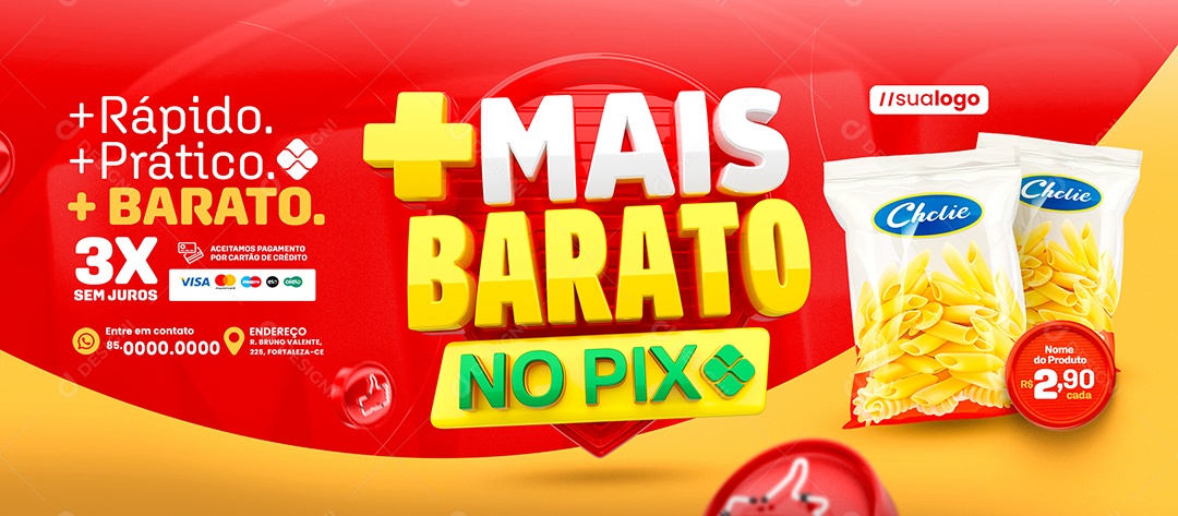 Banner Mais Barato no Pix Supermercado Macarrão Social Media PSD Editável