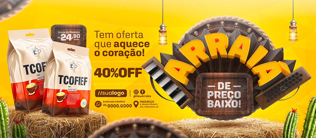 Banner Arraia de Preço Baixo Supermercado Pacote de Café Social Media PSD Editável