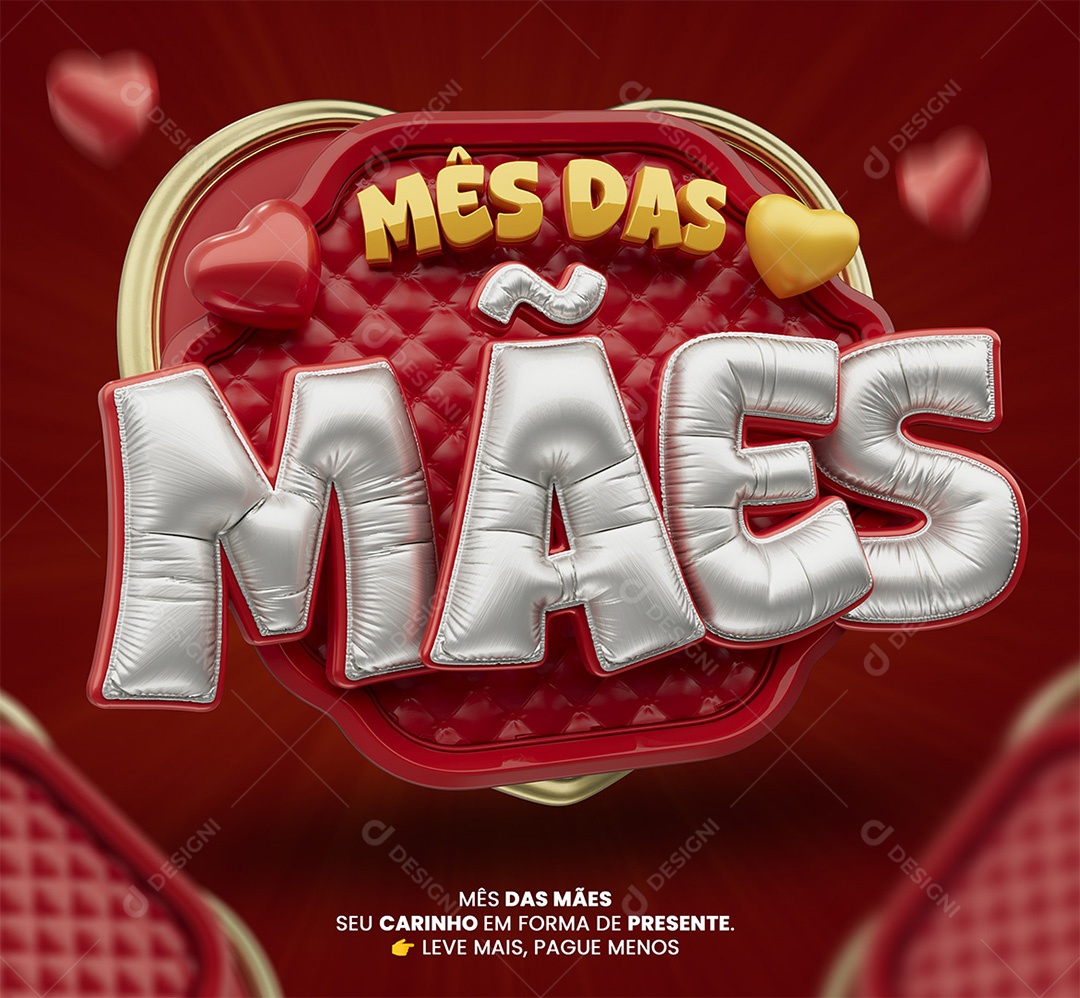 Mês das Mães Selo 3D Dourado Branco e Vermelho para Composição PSD