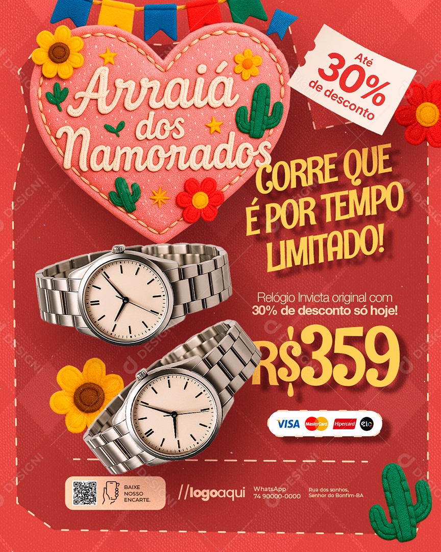 Arraiá dos Namorados Relógio Invicta Original Social Media PSD Editável