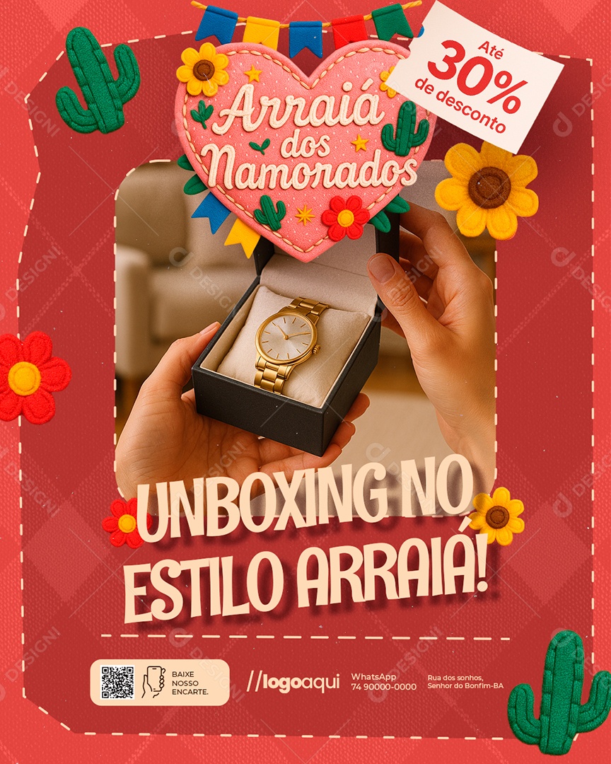 Arraiá dos Namorados Unboxing no Estilo Arraiá Social Media PSD Editável