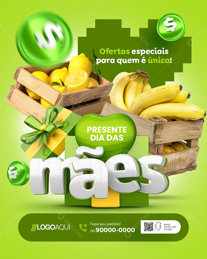Presente Dia das Mães Hortifruti Banana Ofertas Especiais Social Media PSD Editável