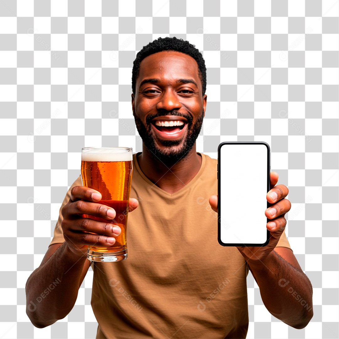 Homem Bebendo Cerveja com Celular na Mão PNG Transparente