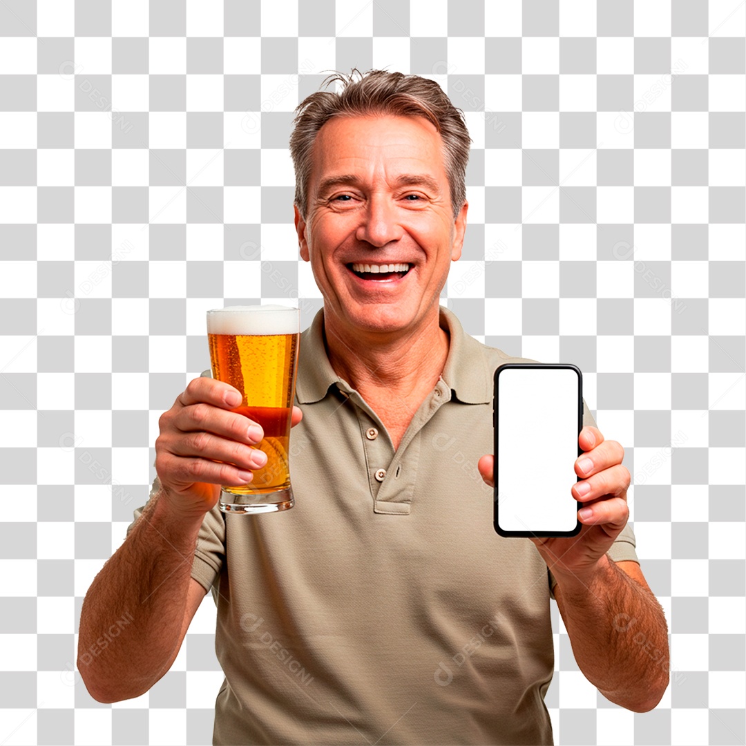 Homem Bebendo Cerveja com Celular na Mão PNG Transparente