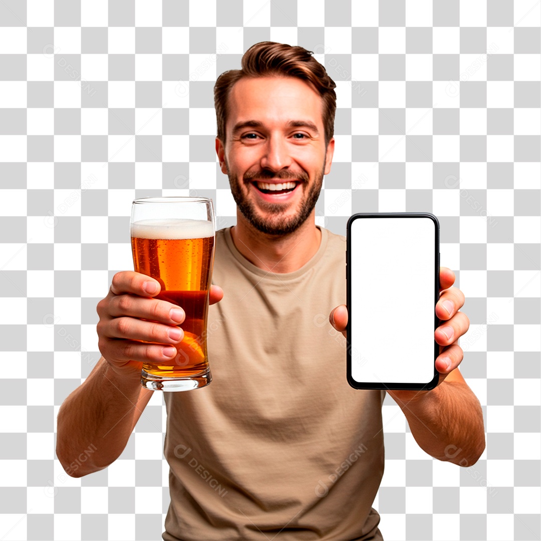 Homem Bebendo Cerveja com Celular na Mão PNG Transparente
