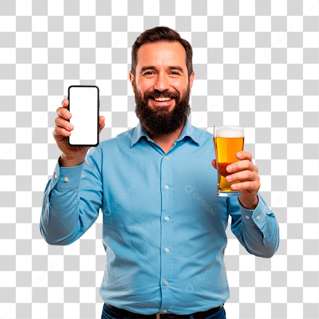 Homem Bebendo Cerveja com Celular na Mão PNG Transparente