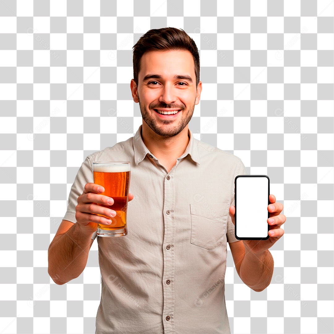 Homem Bebendo Cerveja com Celular na Mão PNG Transparente