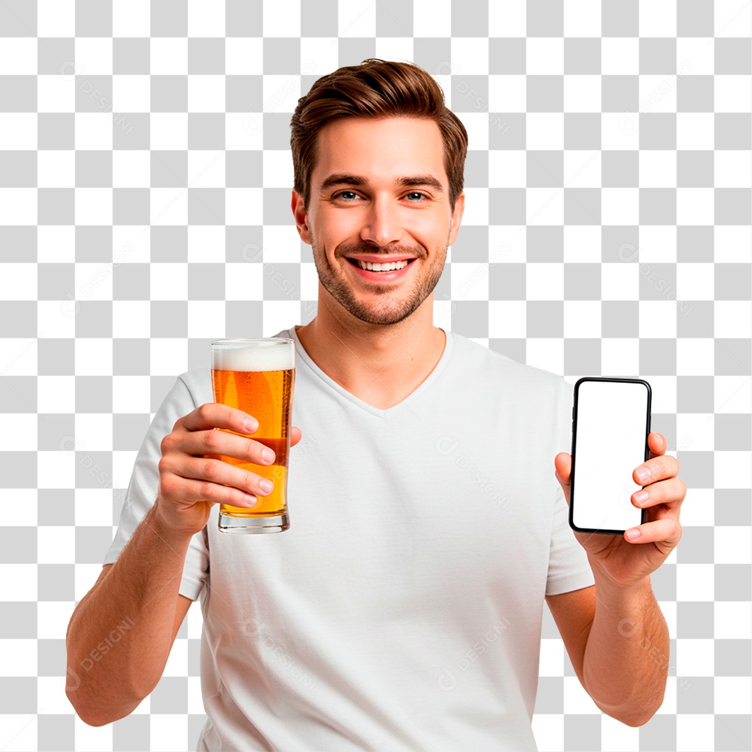Homem Bebendo Cerveja com Celular na Mão PNG Transparente