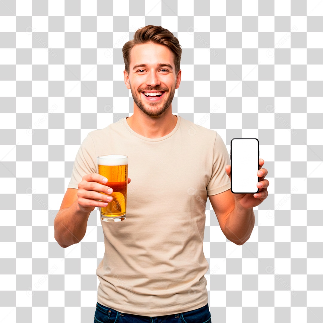 Homem Bebendo Cerveja com Celular na Mão PNG Transparente