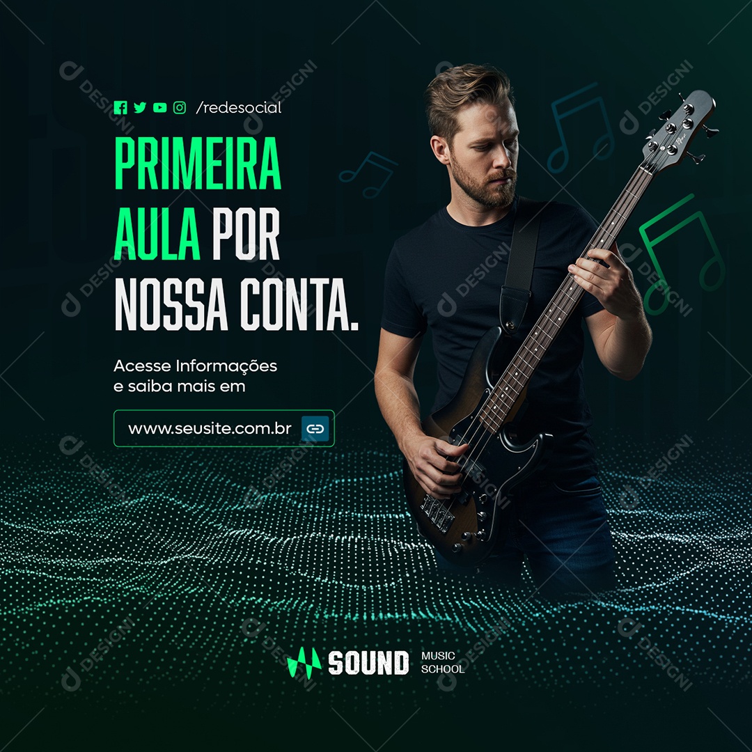 Aulas de Música Primeira Aula por Nossa Conta Social Media PSD Editável