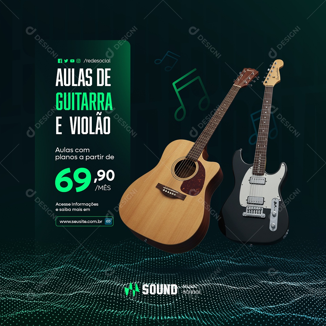 Aulas de Música Aulas de Guitarra e Violão Social Media PSD Editável