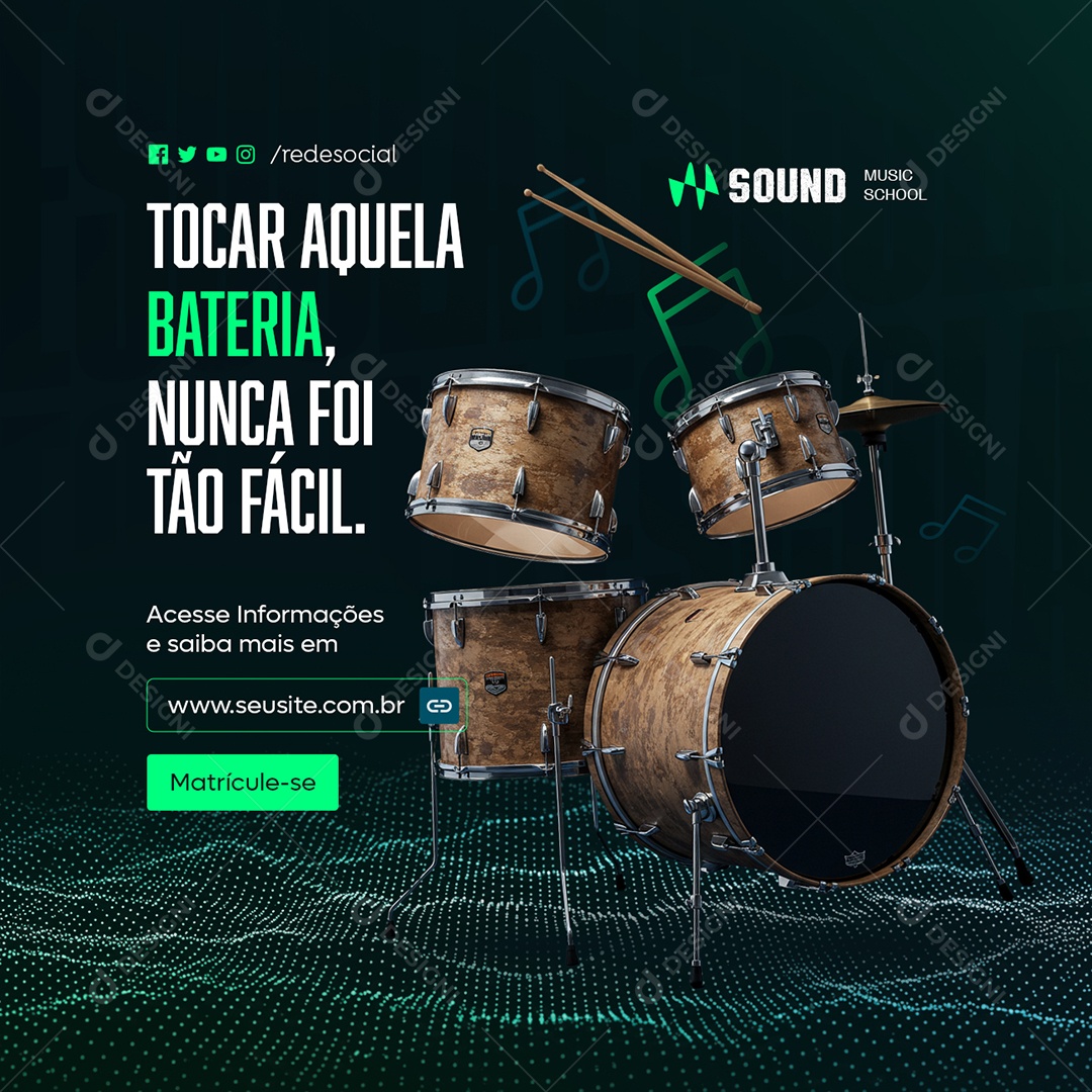 Aulas de Música Tocar Aquela Bateria Social Media PSD Editável