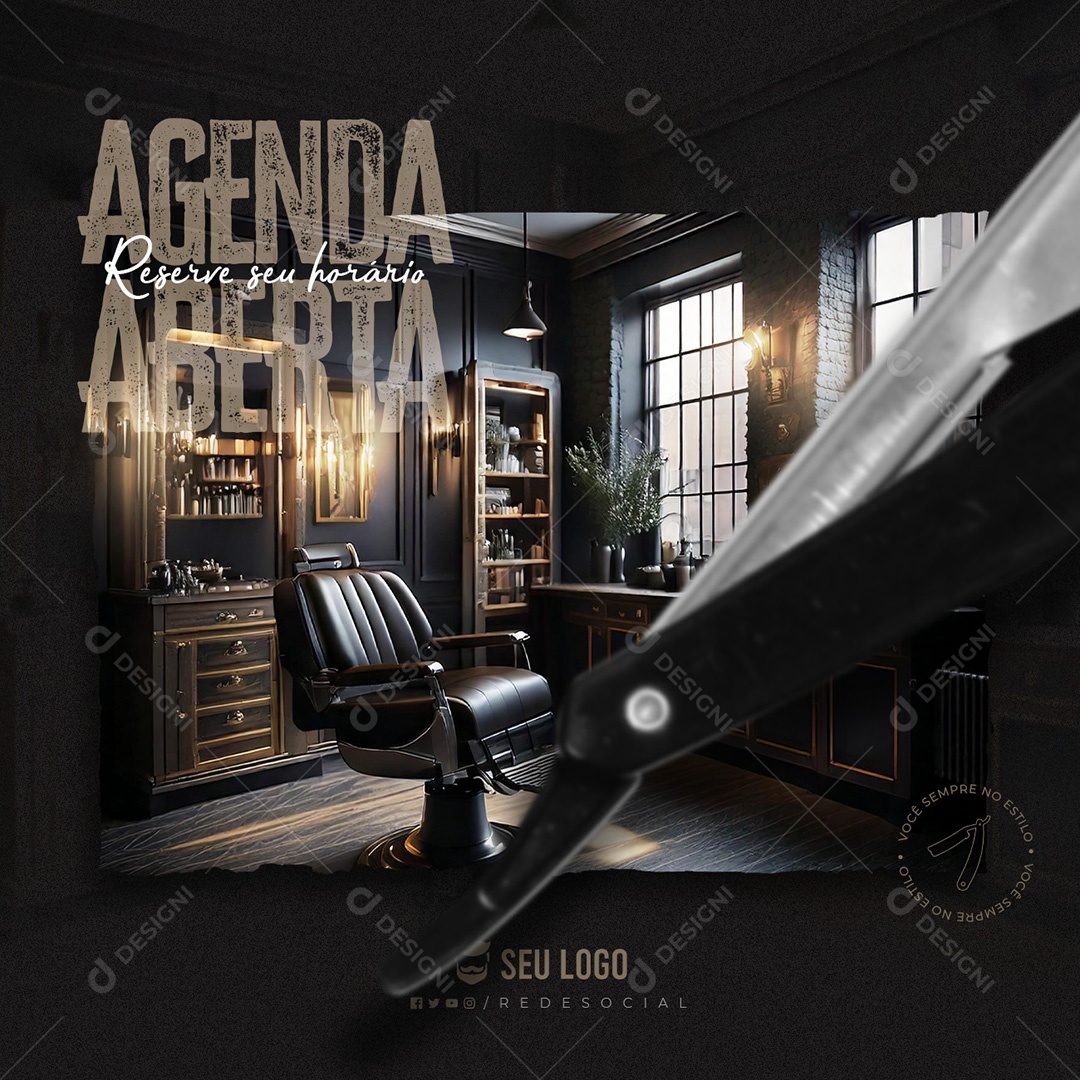 Barbearia Agenda Aberta Social Media PSD Editável