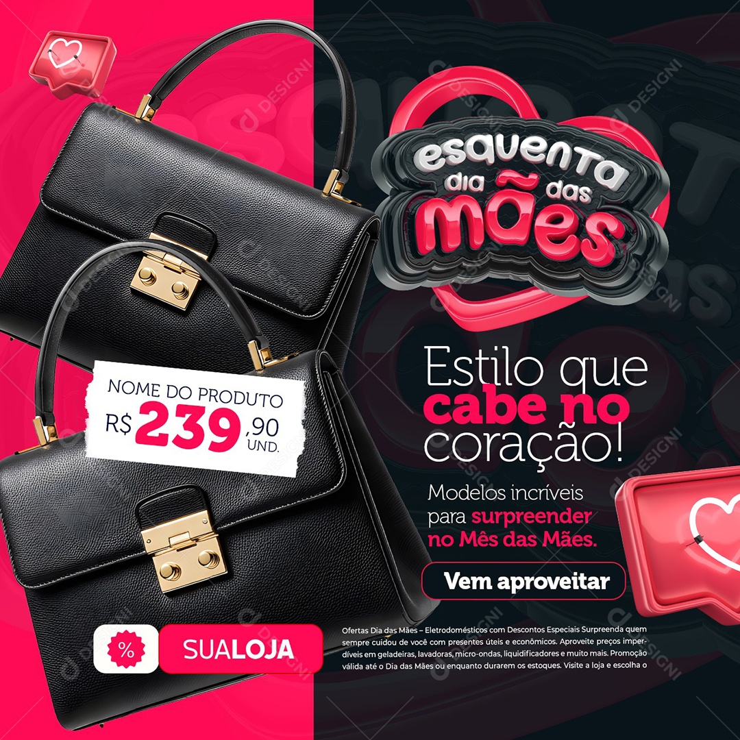 Esquenta Dia das Mães Estilo Que Cabe no Coração Bolsa Social Media PSD Editável