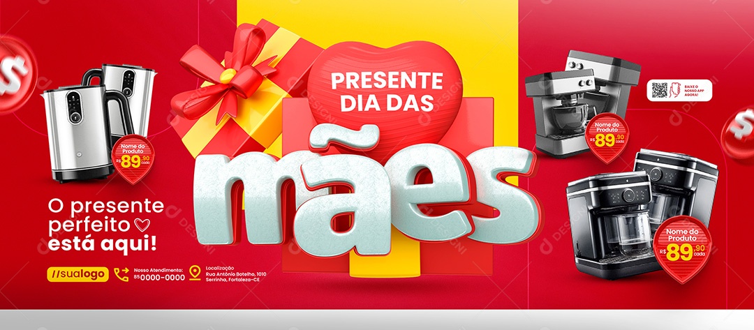 Banner Presente Dia das Mães Eletrodomésticos Cafeteira Social Media PSD Editável