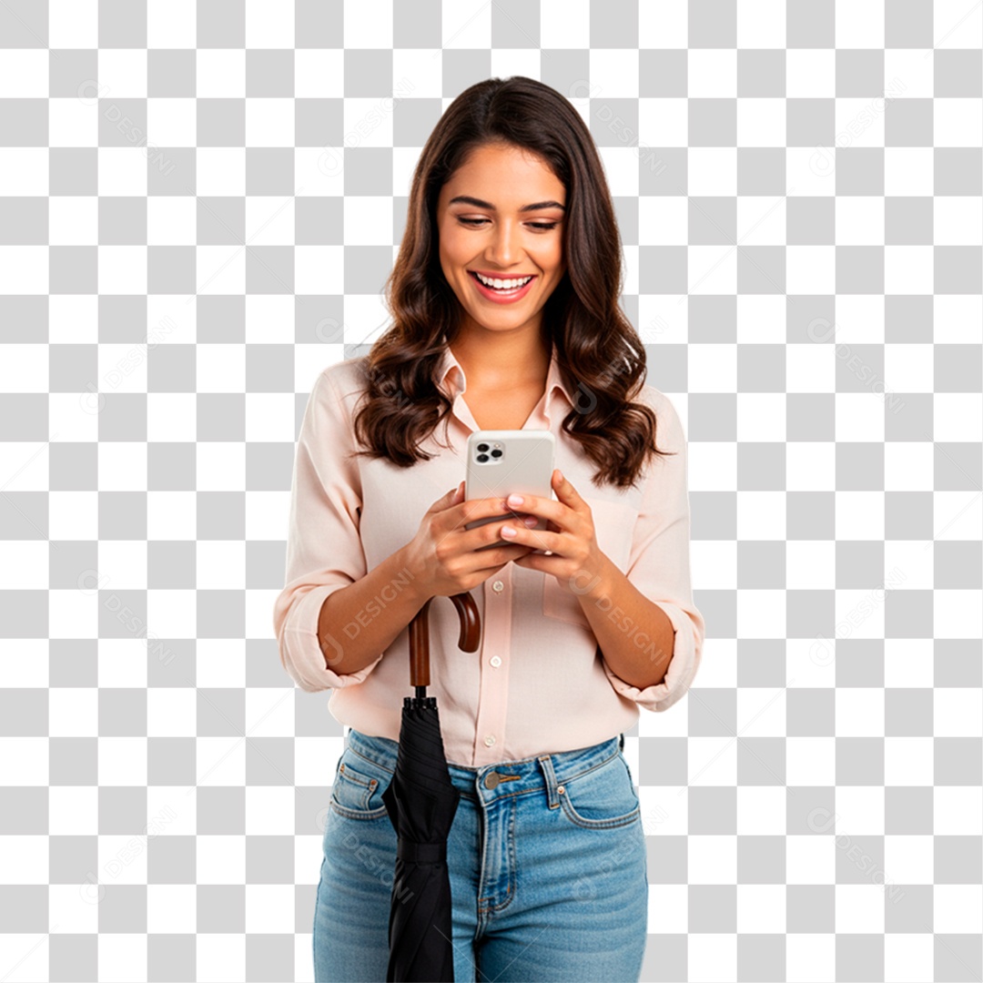 Mulher Segurando Celular PNG Transparente