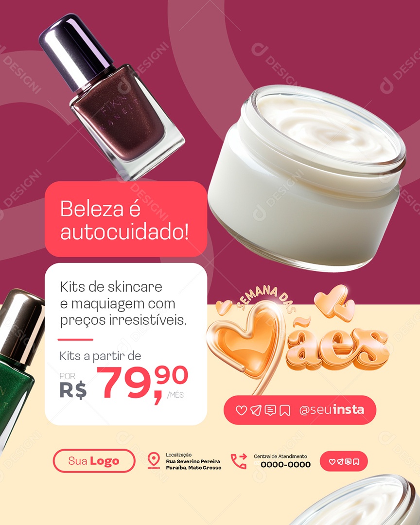 Semana das Mães Kit de Skincare e Maquiagem Social Media PSD Editável