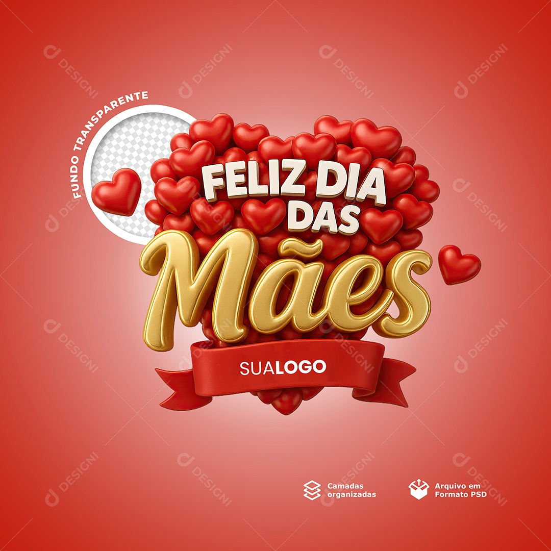 Selo 3D Feliz Dia Das Mães para Composição PSD