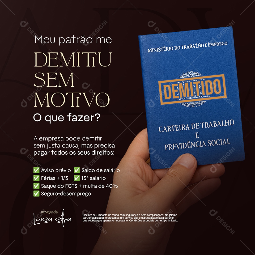 Advogado Meu Patrão me Demitiu Sem Motivo Social Media PSD Editável
