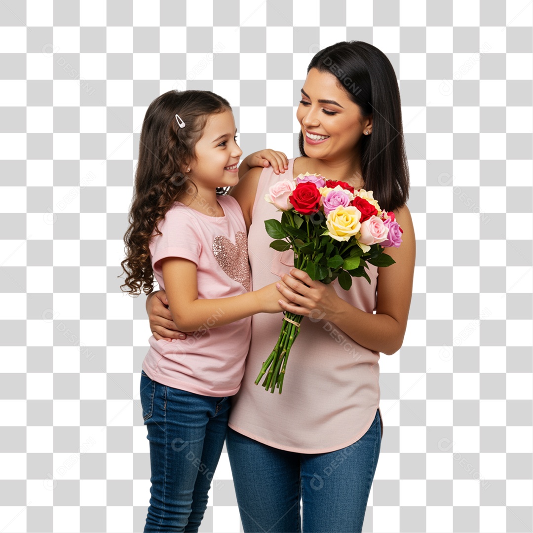 Dia das Mães Filha Presenteando sua Mãe com um Buquê de Flores PNG Transparente