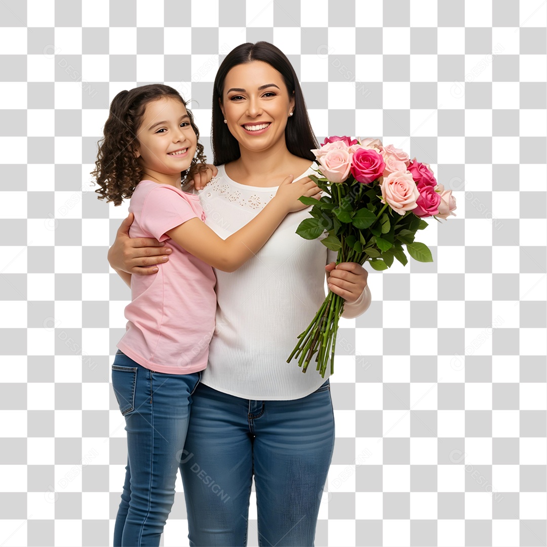 Dia das Mães Filha Presenteando sua Mãe com um Buquê de Flores PNG Transparente