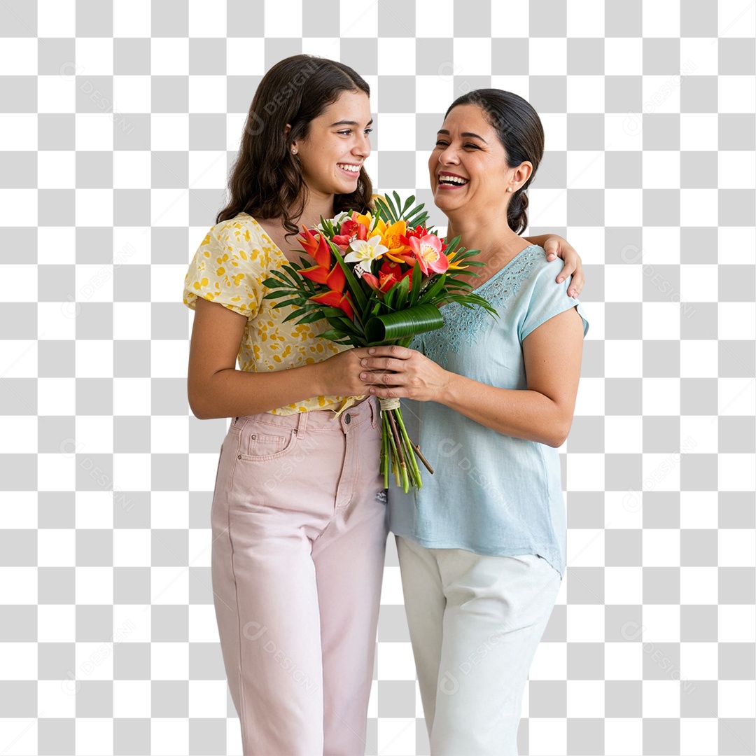 Dia das Mães Filha Presenteando sua Mãe com um Buquê de Planta PNG Transparente