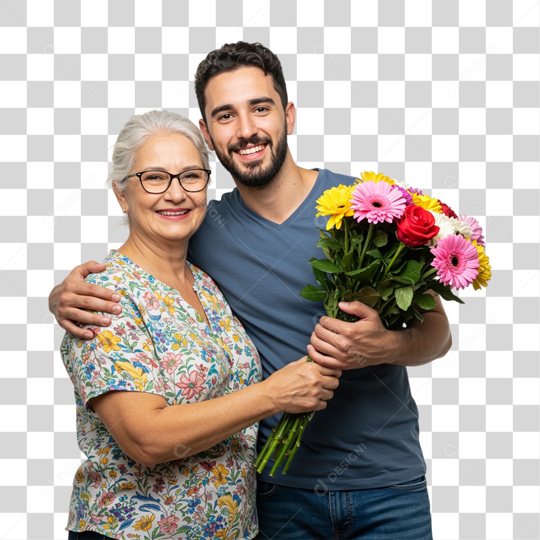 Dia das Mães Filho Presenteando sua Mãe com um Buquê de Flores PNG Transparente