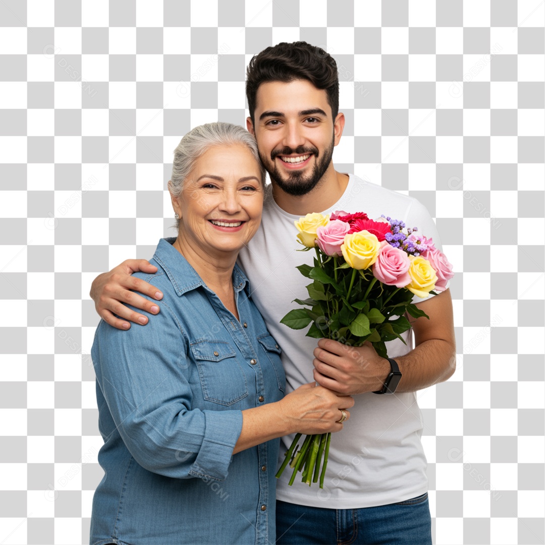 Dia das Mães Filho Presenteando sua Mãe com um Buquê de Flores PNG Transparente
