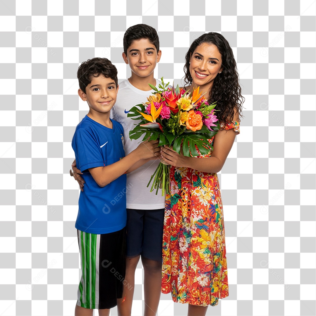 Dia das Mães Filhos Presenteando sua Mãe com um Buquê de Flores PNG Transparente