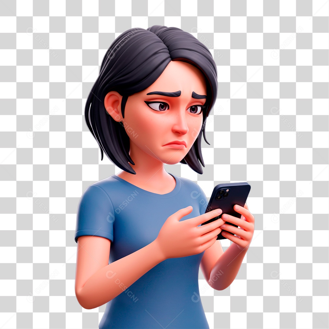 Mulher chateada segurnado celular