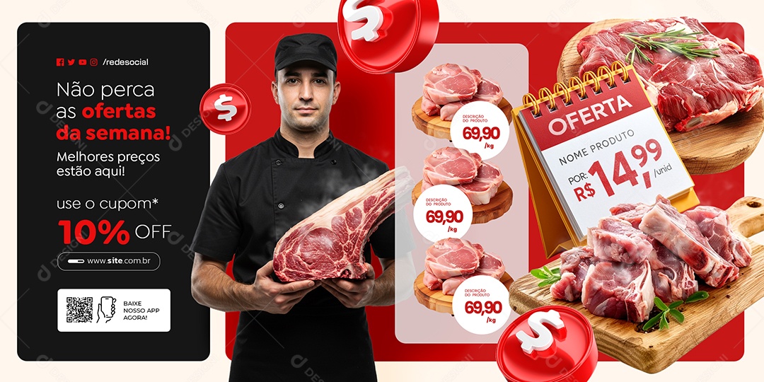 Carrossel Ofertas Supermercado Carne Açougue Social Media PSD Editável