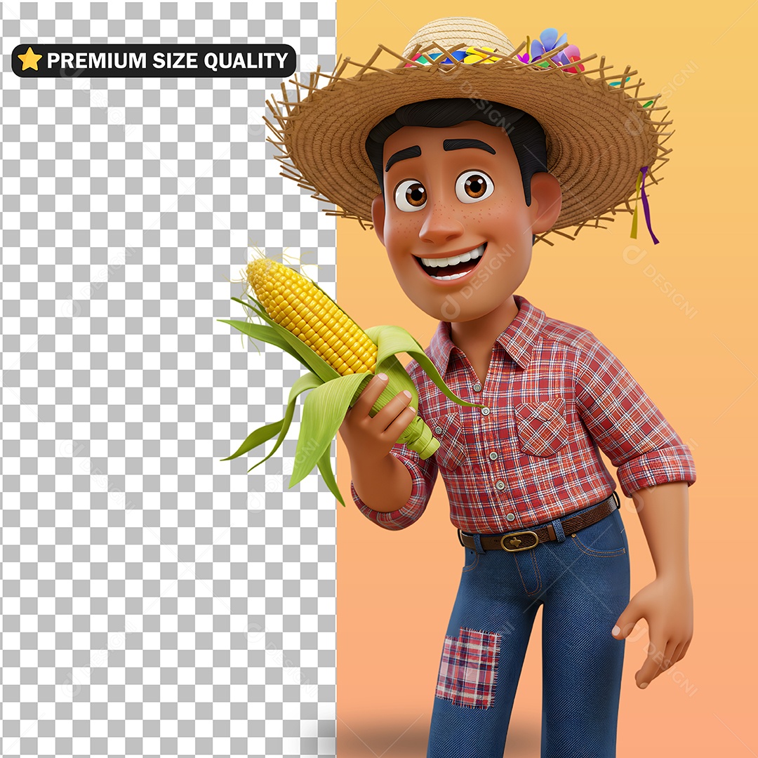 Personagem Em Roupa de São João Segurando Milho Elemento 3D para Composição PSD