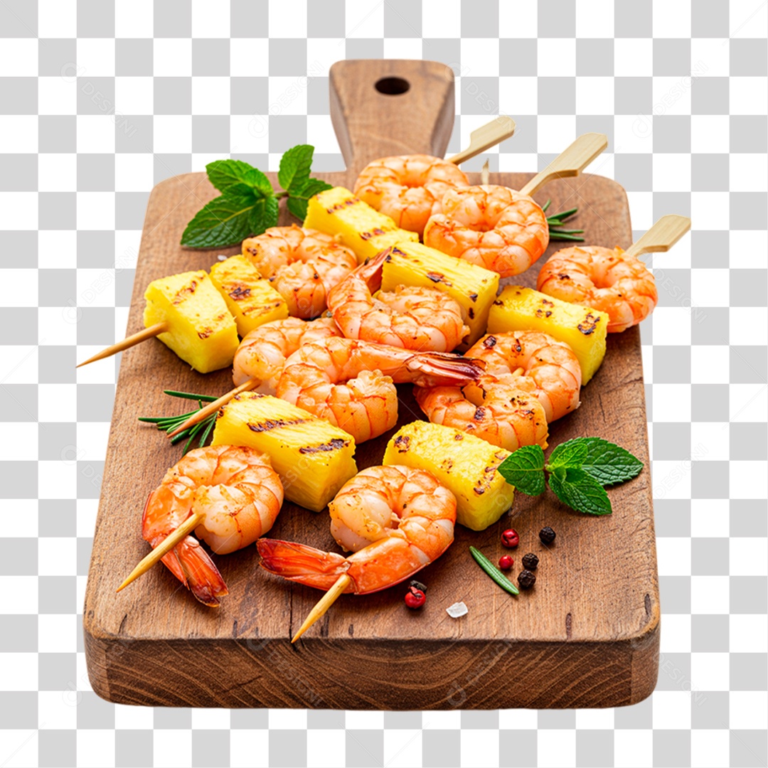 Espetinho de Camarão Sobre Tábua PNG Transparente