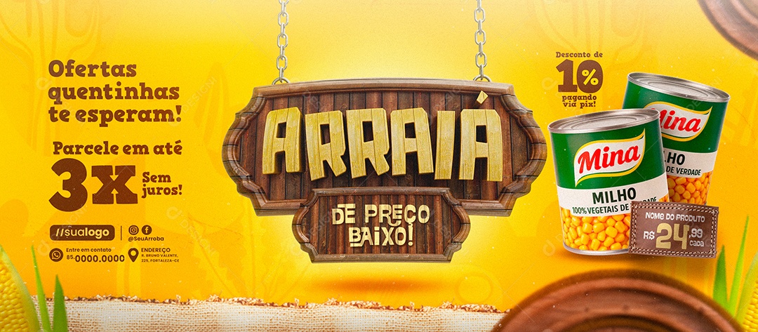 Banner Arraiá Supermercado Lata de Milho Social Media PSD Editável