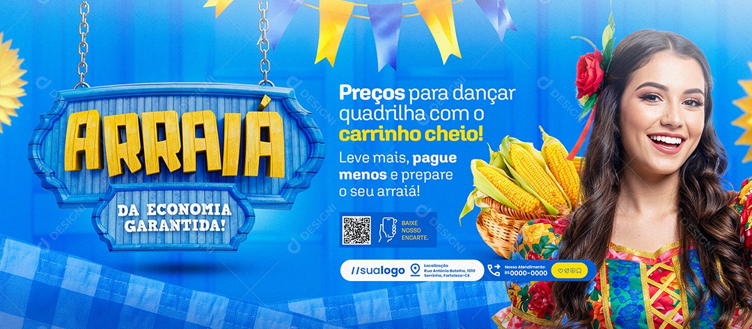 Banner Arraiá Supermercado Lata de Milho Social Media PSD Editável