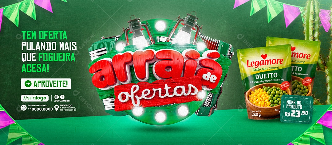 Banner Arraiá de Ofertas Supermercado Pacote de Milho e Ervilha Social Media PSD Editável